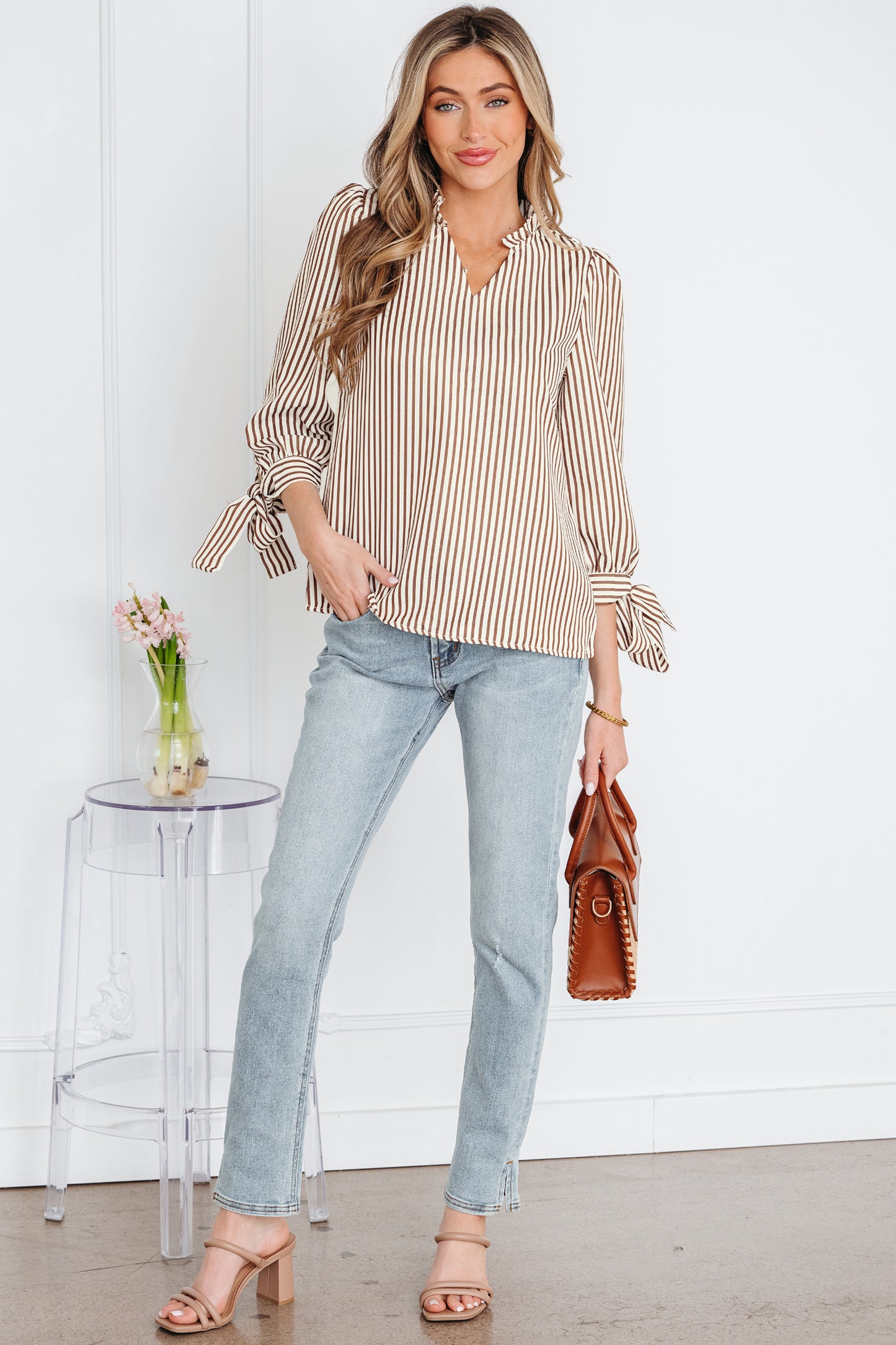 Striped Split Neck Blouse with Tied Cuffs