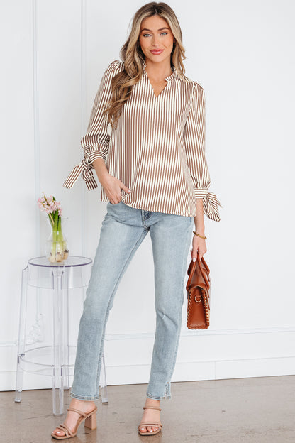 Striped Split Neck Blouse with Tied Cuffs
