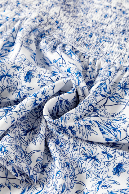 Blue Floral Square Neck Smocked Babydoll Blouse with Flutter Sleeves