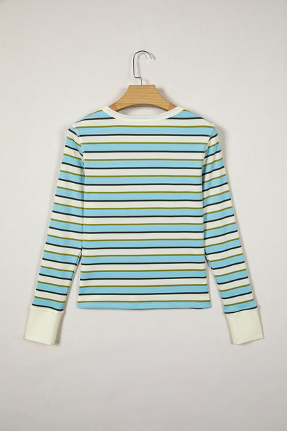 Multicolor Striped Long Sleeve Top – Casual Crew Neck Everyday Shirt