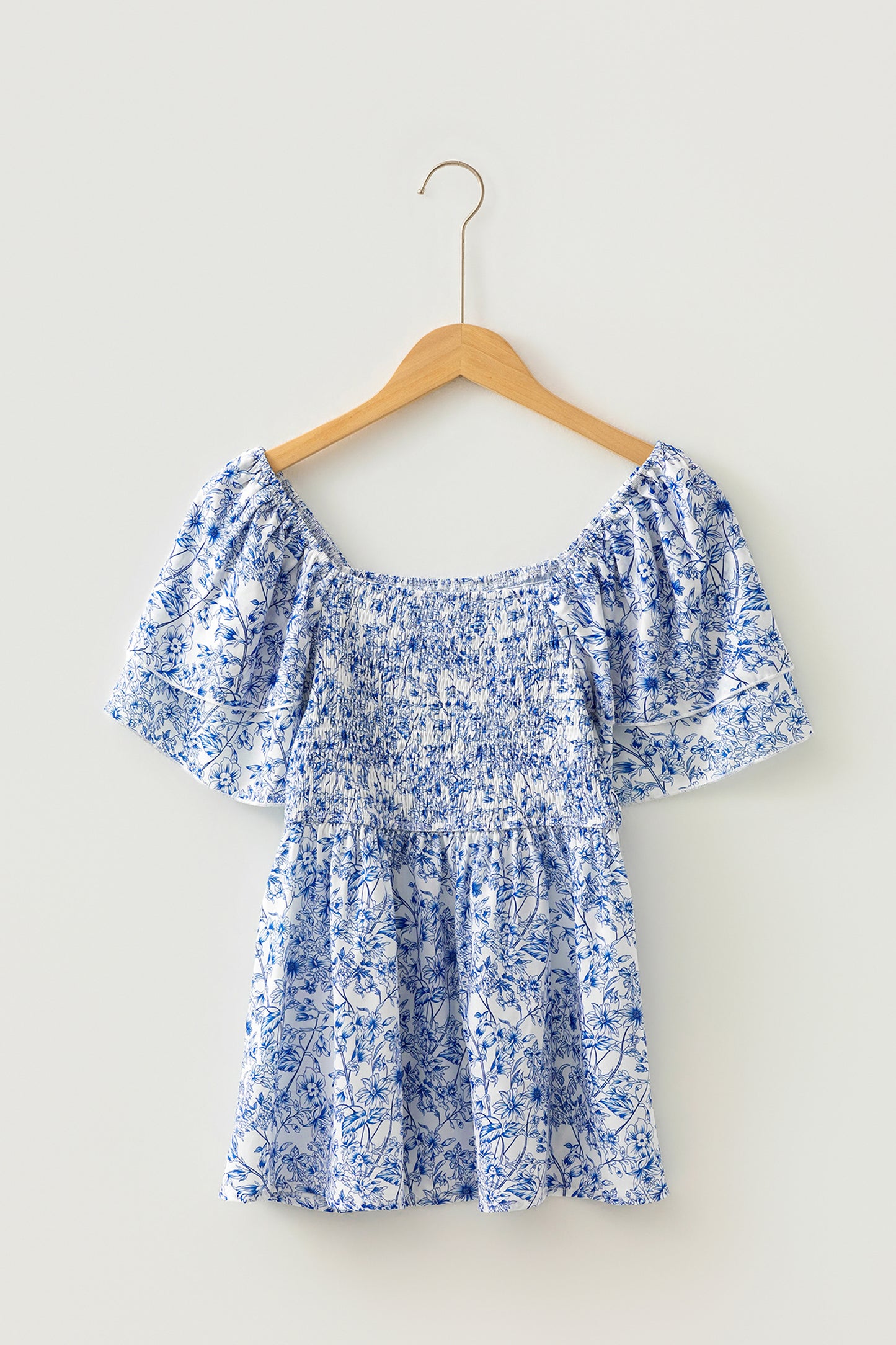 Blue Floral Square Neck Smocked Babydoll Blouse with Flutter Sleeves