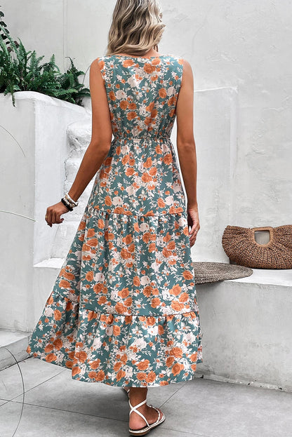 Green Floral Print Relaxed Fit Tiered Everyday Dress