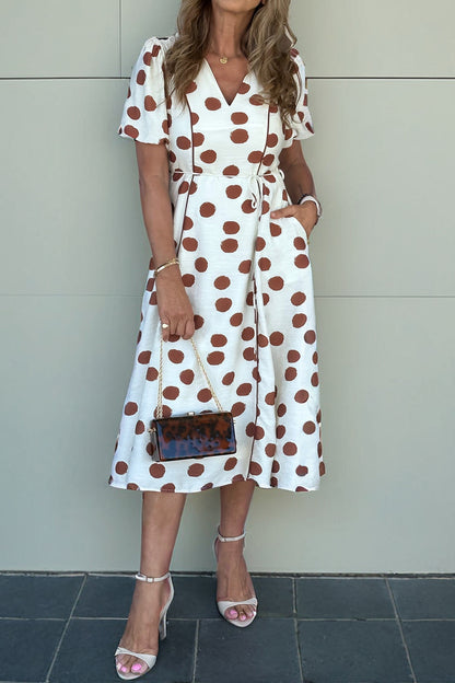 White Brown Polka Dot V-Neck Tie Waist Midi Dress