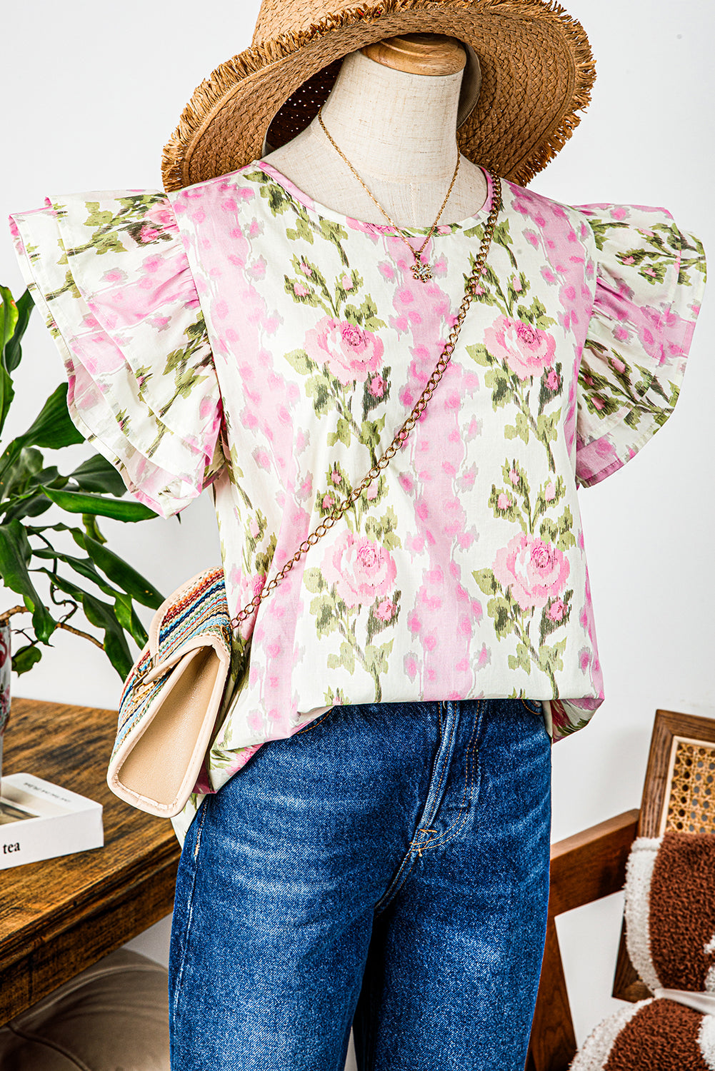 Pink Floral Flutter Sleeve Blouse – Lightweight Feminine Top