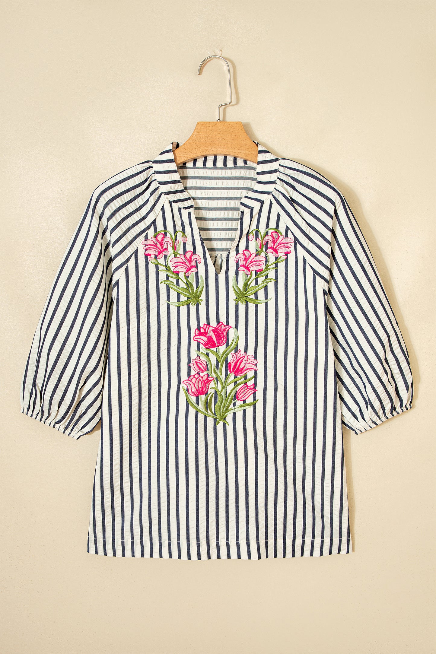 White Navy Striped Floral Embroidered Blouse – Puff Sleeve Everyday Boutique Top