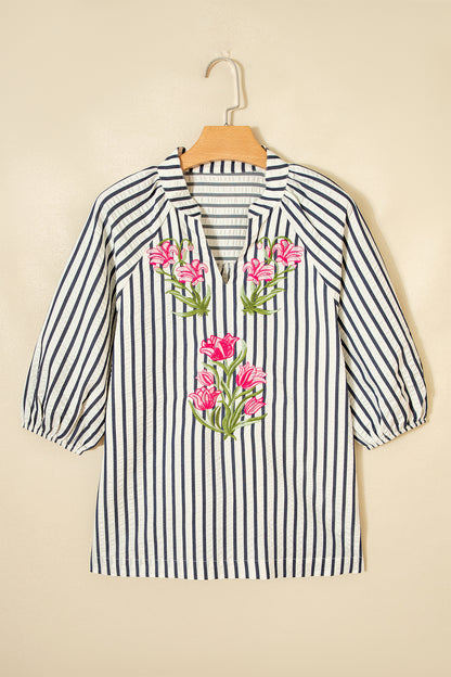 White Navy Striped Floral Embroidered Blouse – Puff Sleeve Everyday Boutique Top