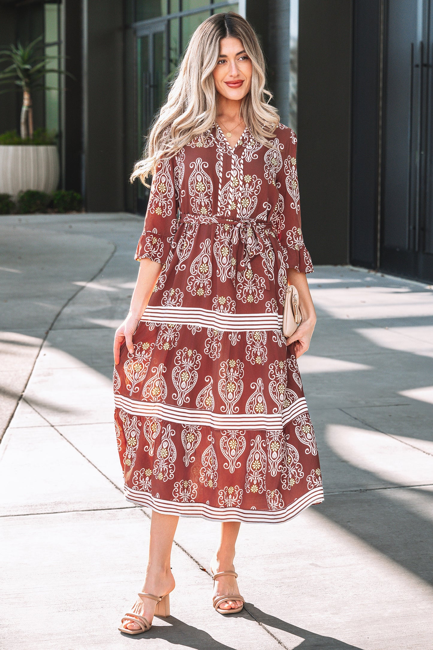 Rust Paisley 3/4 Flutter Sleeve Tie Waist Boho Maxi Dress