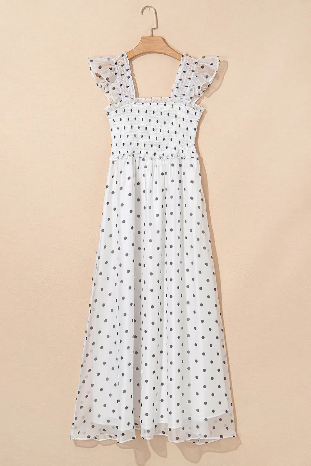 White Polka Dot Smocked Ruffle Strap Maxi Dress