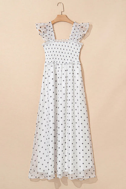 White Polka Dot Smocked Ruffle Strap Maxi Dress