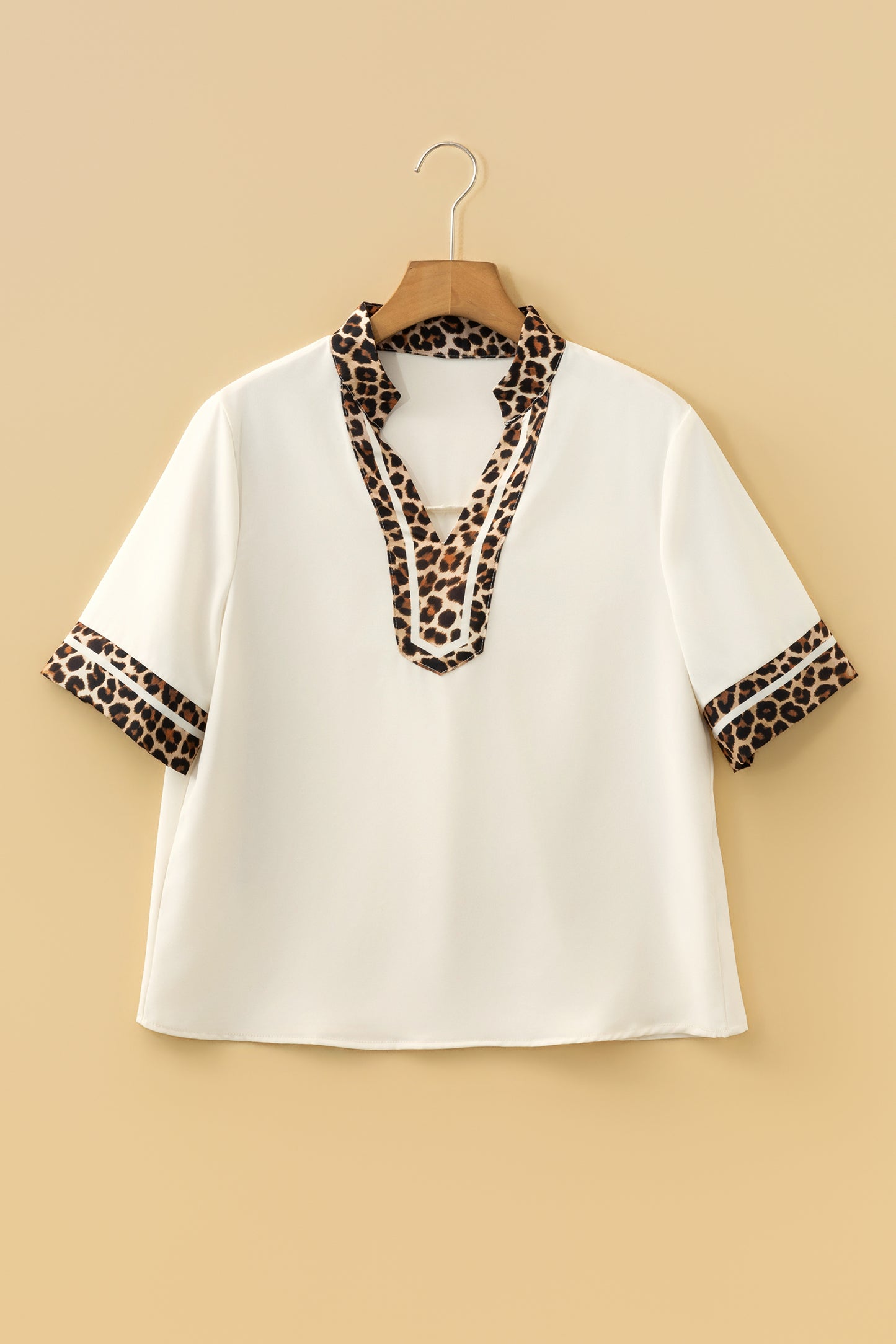 Leopard Trim Notch Neck Blouse – Lightweight Casual Contrast Top