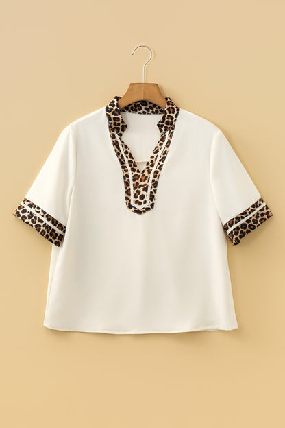 Leopard Trim Notch Neck Blouse – Lightweight Casual Contrast Top