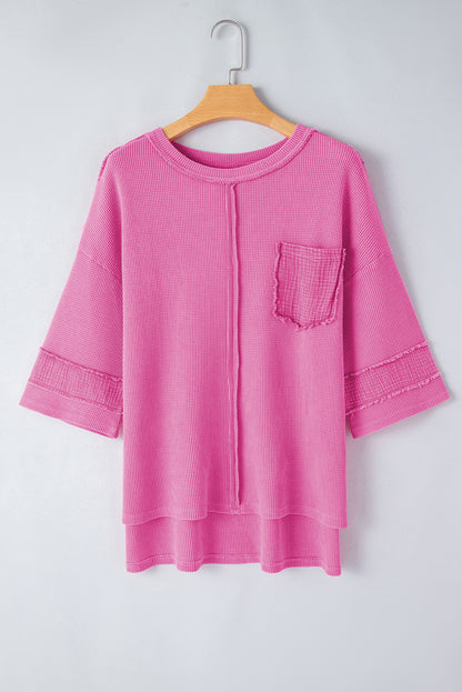 Bright Pink Mineral Wash Oversized Textured Bracelet Sleeve Top