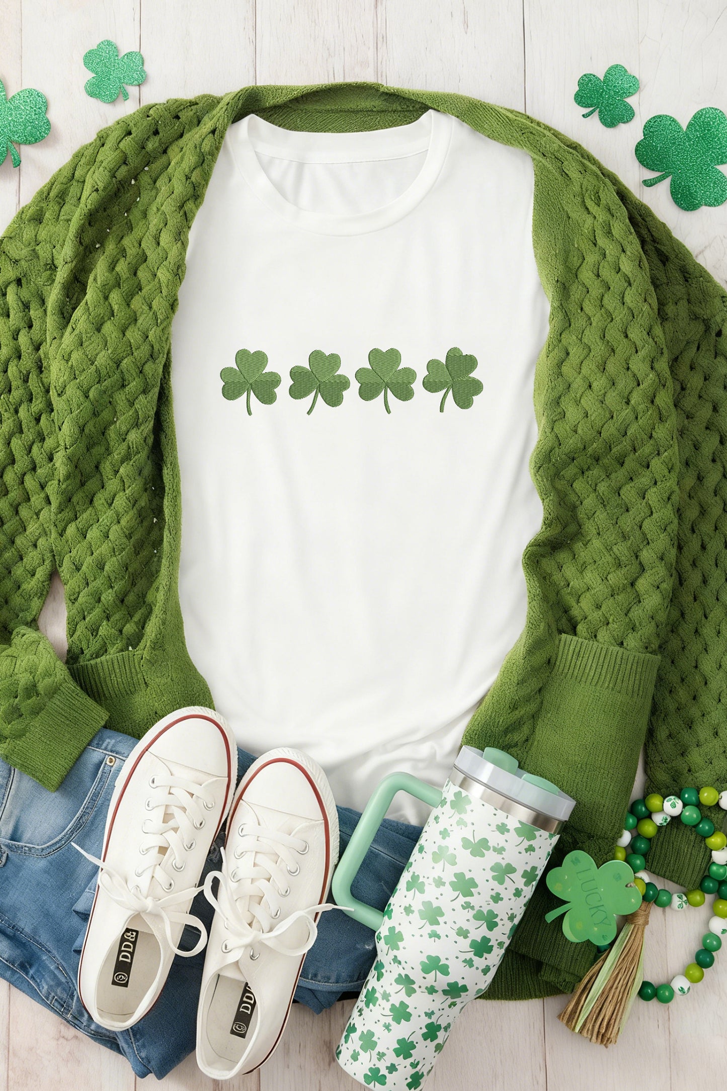 Embroidered Clover Tee – White St. Patrick’s Day Graphic Top