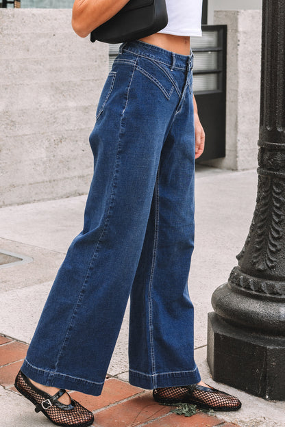 Stitched Waist Loose Cuffed High‑Rise Jeans
