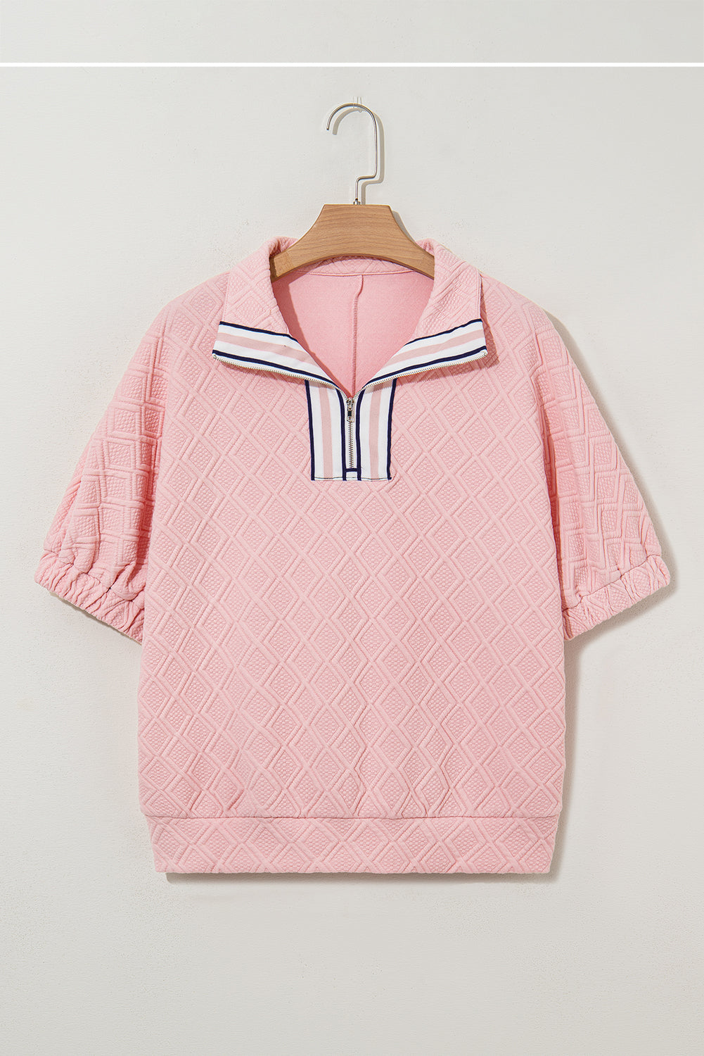 Quilted Zip Collar Puff Sleeve Top – Textured Casual Blouse