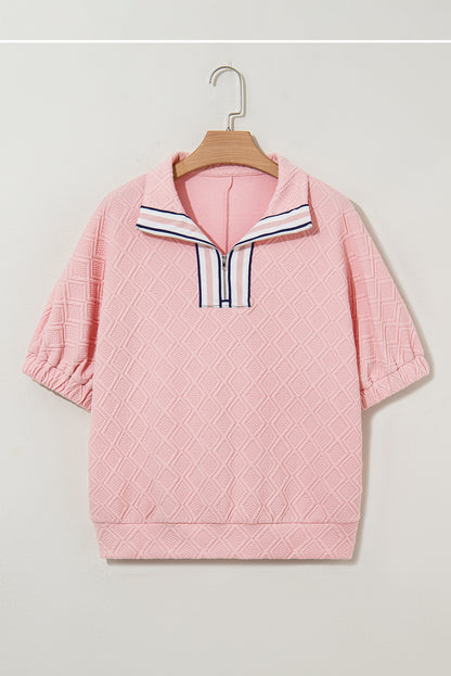 Quilted Zip Collar Puff Sleeve Top – Textured Casual Blouse