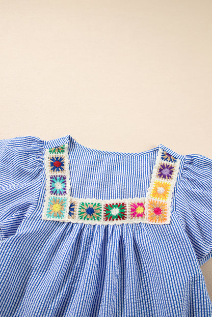 Striped Square Neck Embroidered Blouse – Casual Flutter Sleeve Top