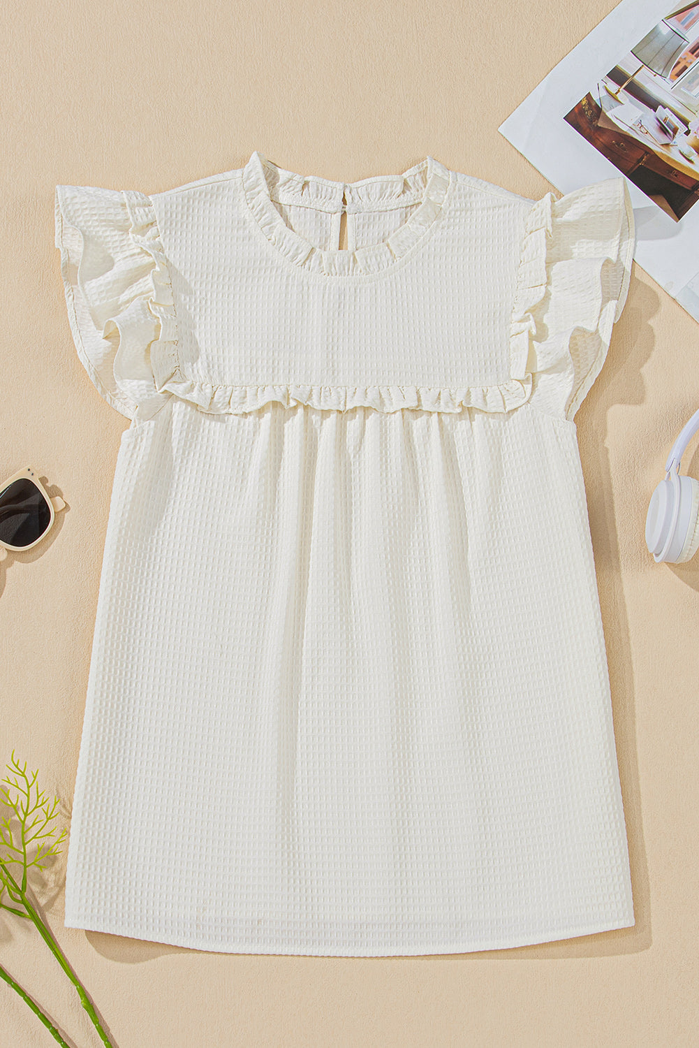 White Waffle Knit Ruffle Sleeve Blouse – Feminine Mock Neck Everyday Top