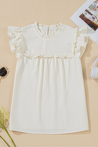 White Waffle Knit Ruffle Sleeve Blouse – Feminine Mock Neck Everyday Top