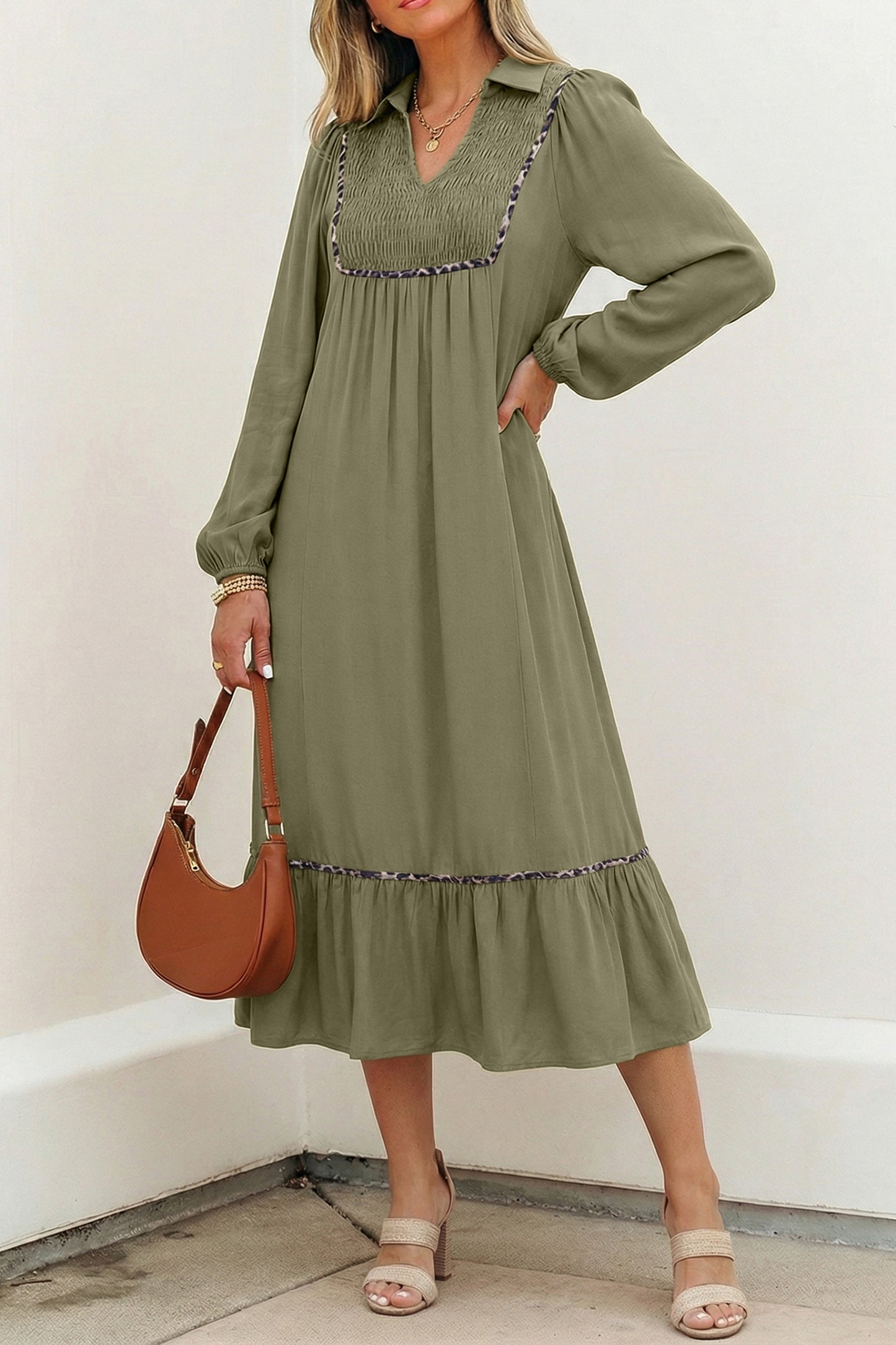 V-Neck Collared Smocked Yoke Long Sleeve Midi Dress – Black & Olive