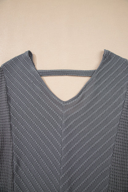 Textured V-Neck Long Sleeve Top – Chevron Open Back Knit