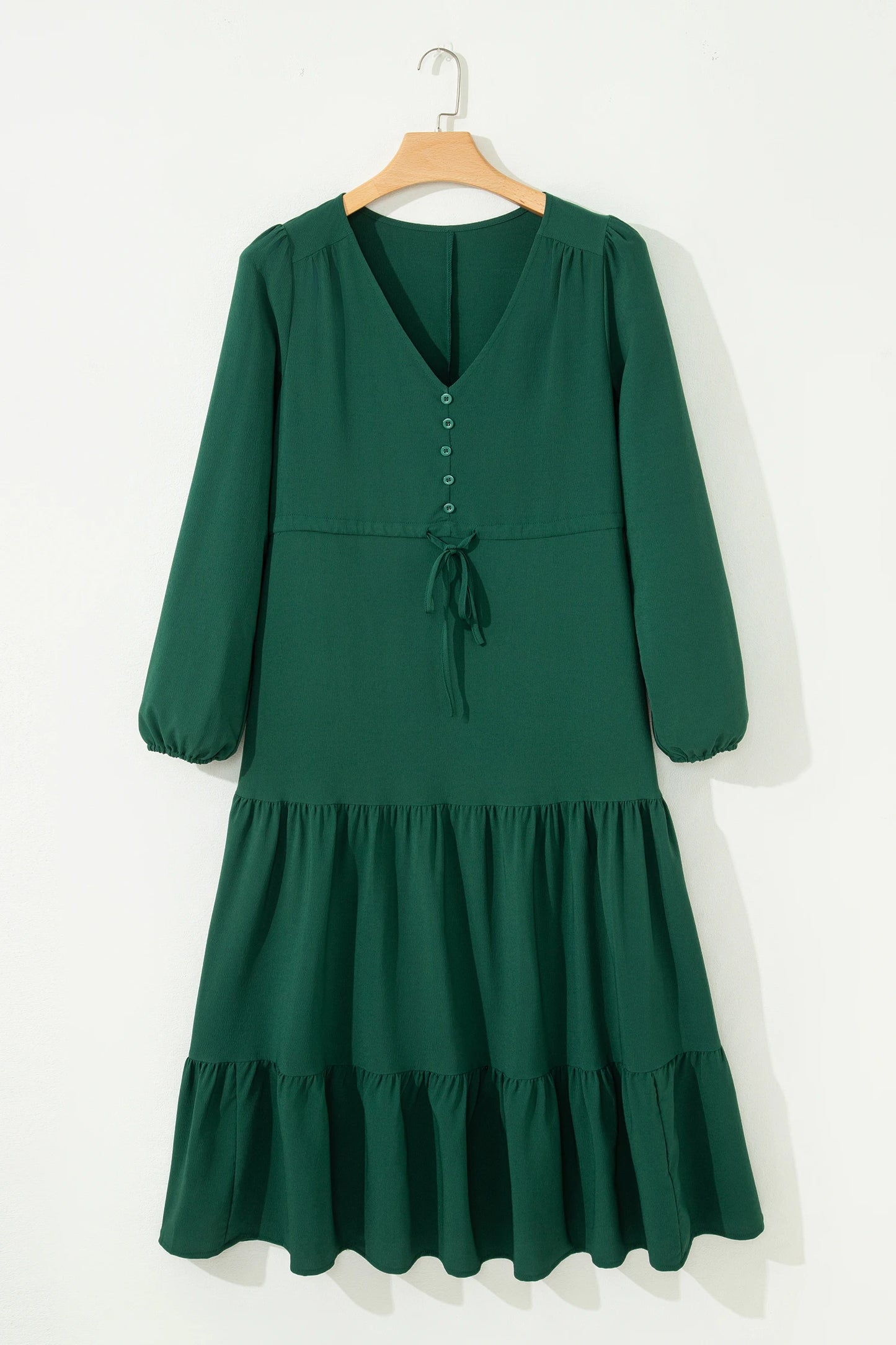 Long Sleeve V‑Neck Button Front Tiered Maxi Dress