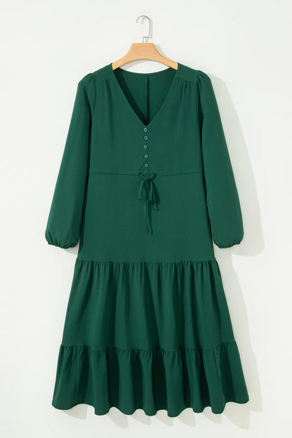 Long Sleeve V‑Neck Button Front Tiered Maxi Dress