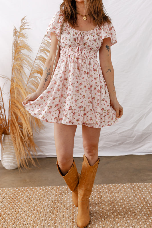 Pink Floral Tie Front Smocked Babydoll Tiered Mini Dress