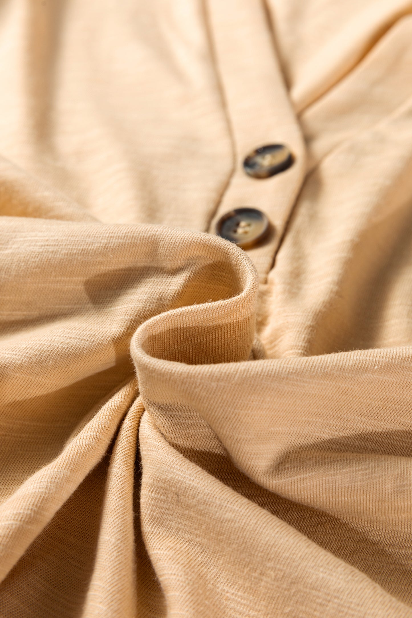 Soft Oatmeal split neck button detail long sleeve top with gathered cuff sleeves