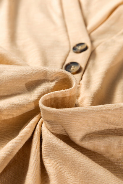 Soft Oatmeal split neck button detail long sleeve top with gathered cuff sleeves