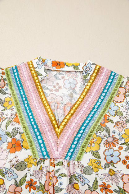 Multicolor Trim Floral V-Neck Blouse – Boho Puff Sleeve Top