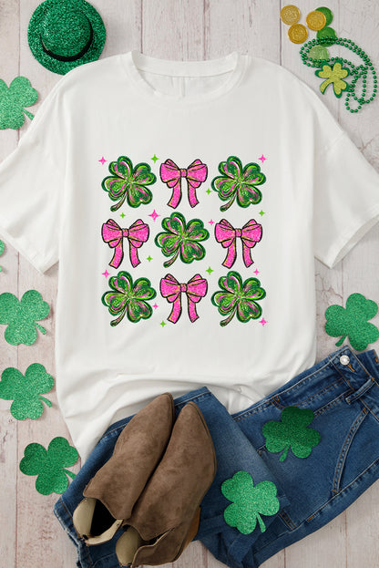 Shamrock & Bow Grid Tee – White St. Patrick’s Day Graphic Top