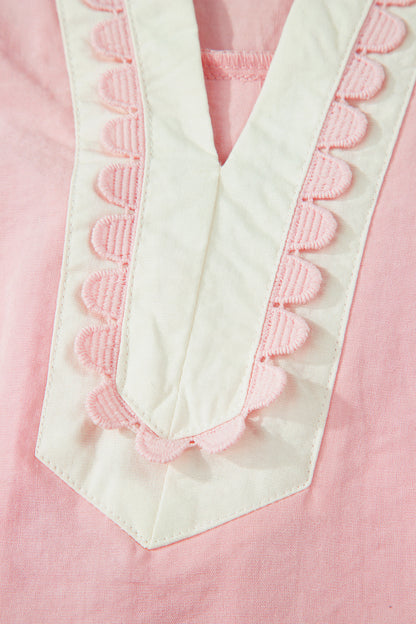 Puff Sleeve Mini Dress with Color block Scallop Trim