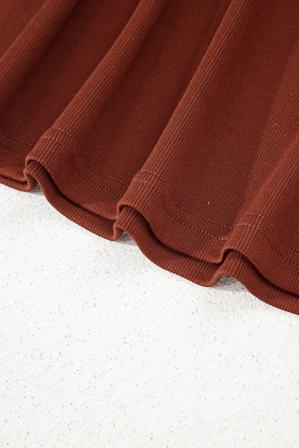 Soft Rust Ribbed Frilled Trim High‑Waist Long Sleeve Mini Dress