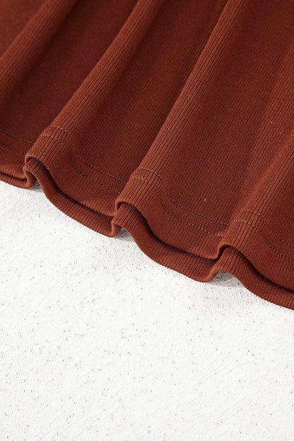 Soft Rust Ribbed Frilled Trim High‑Waist Long Sleeve Mini Dress