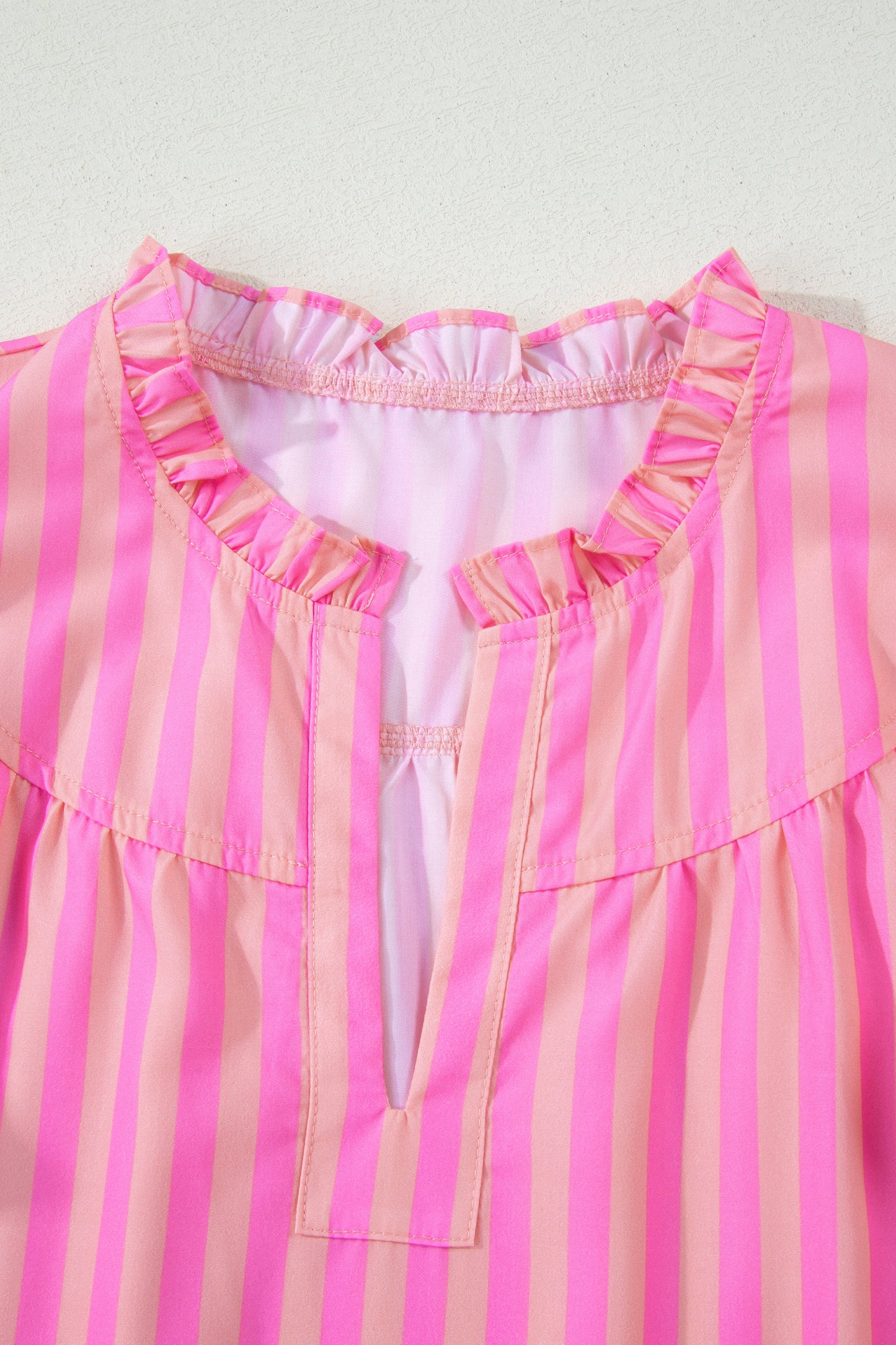 Bright Pink Striped Ruffle Sleeve Blouse – Casual Summer Top