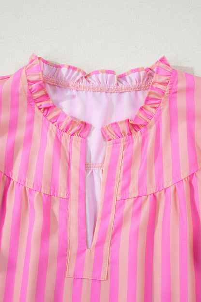 Bright Pink Striped Ruffle Sleeve Blouse – Casual Summer Top