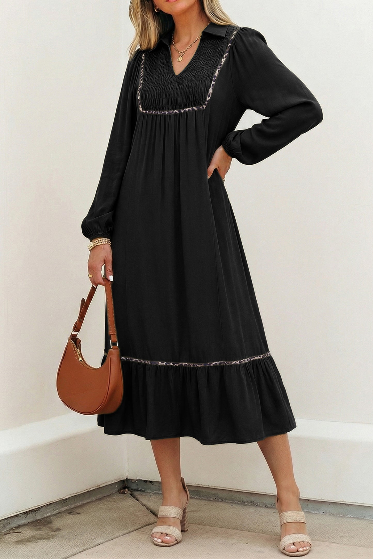 V-Neck Collared Smocked Yoke Long Sleeve Midi Dress – Black & Olive