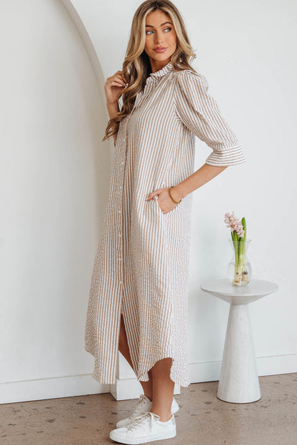 Khaki Striped Button Down Shirt Maxi Dress with Pockets
