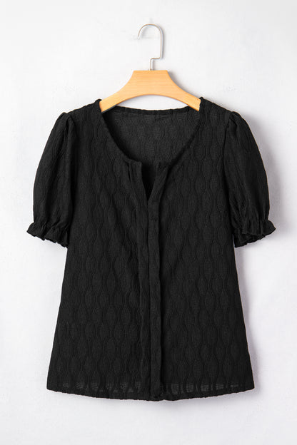 Textured Notched Neck Puff Sleeve Blouse