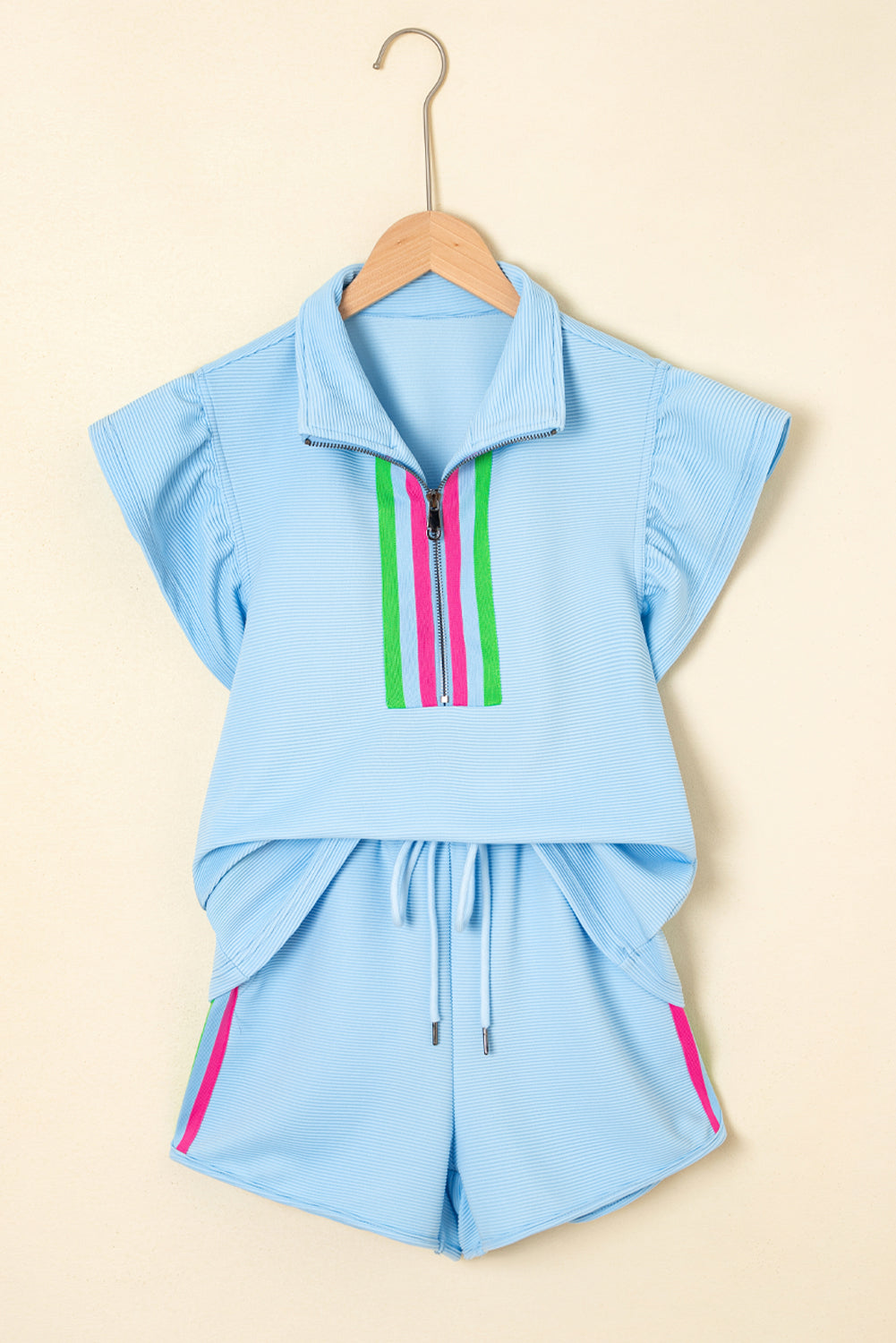 Striped Trim Flutter Sleeve Half Zip Collared Short Set