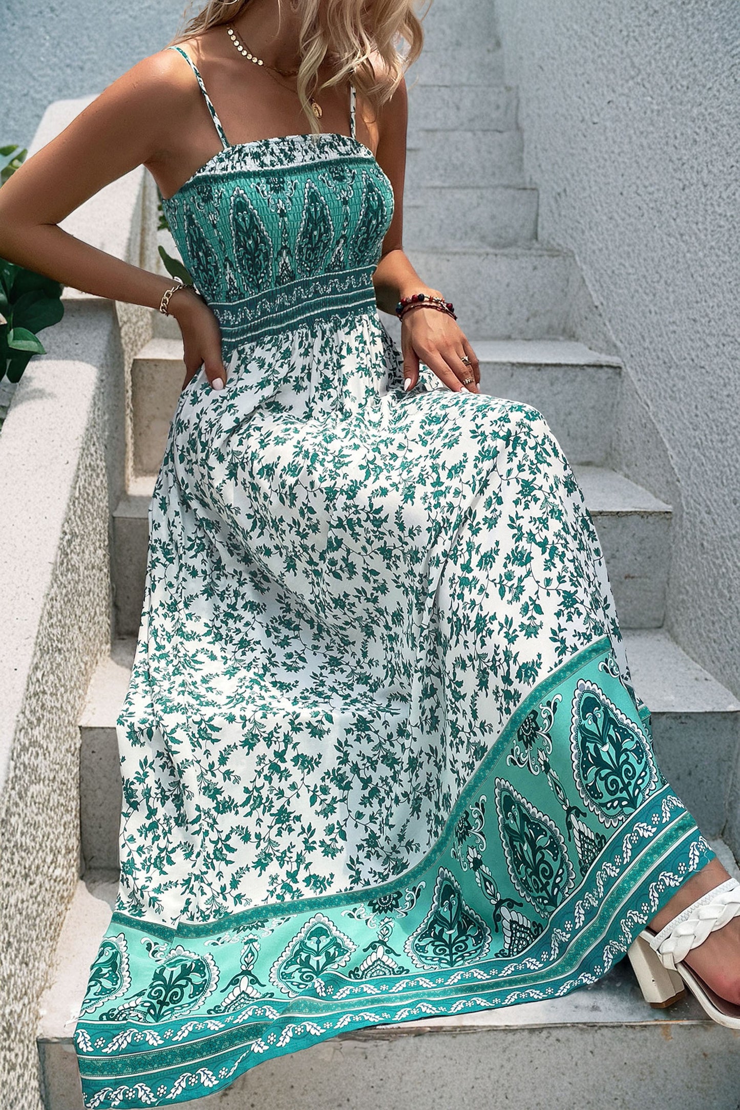 Green Boho Floral Smocked Cami Maxi Dress