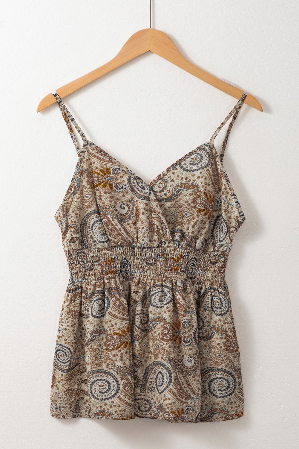 Paisley Smocked V-Neck Spaghetti Strap Babydoll Top