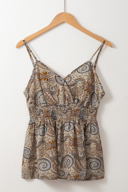 Paisley Smocked V-Neck Spaghetti Strap Babydoll Top
