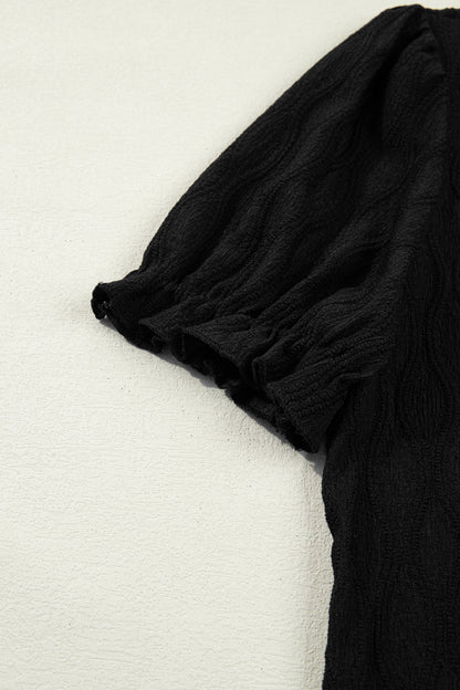Textured Notched Neck Puff Sleeve Blouse