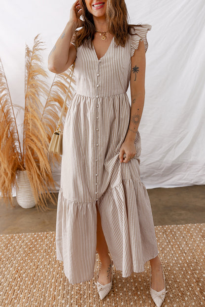 Amalfi Beige Stripe Button Front Maxi Dress