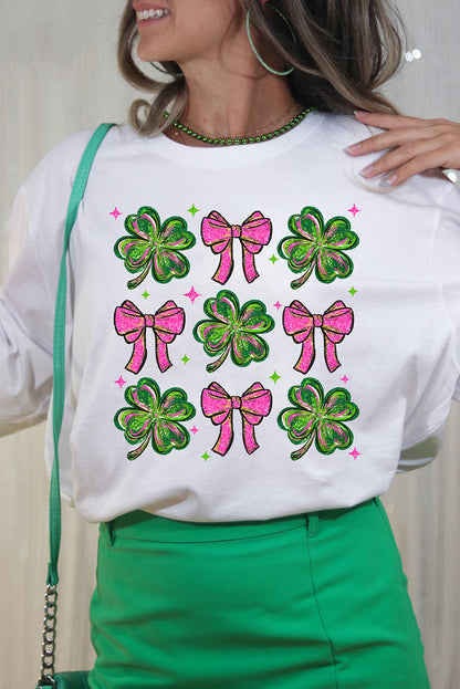 Shamrock & Bow Grid Tee – White St. Patrick’s Day Graphic Top