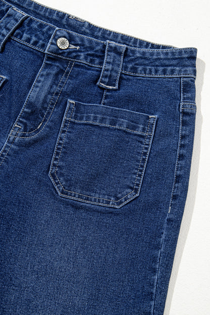 Medium Wash High Waist Wide Leg Patch Pocket Jeans – Relaxed Everyday Denim