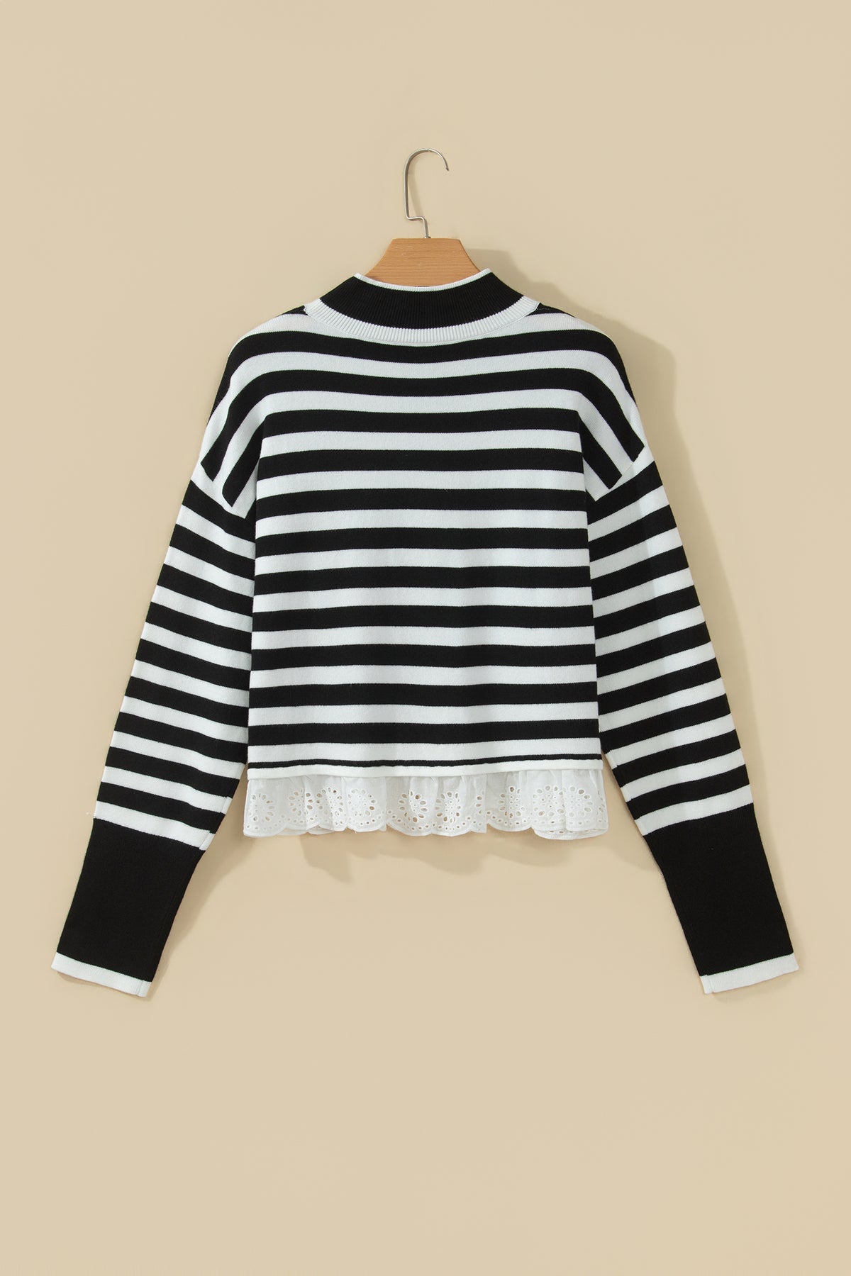 Striped Mock Neck Sweater – Faux Layered Eyelet Lace Hem