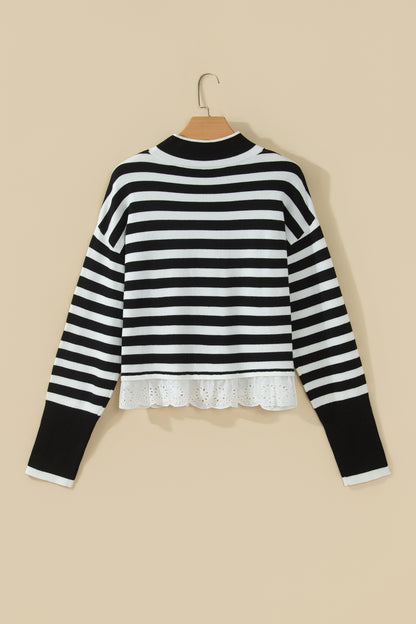 Striped Mock Neck Sweater – Faux Layered Eyelet Lace Hem